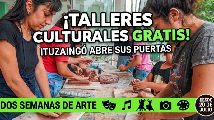 Miniatura de video promocional de la Muestra de Talleres Culturales de Ituzaingó. Muestra manos trabajando arcilla con texto grande '¡TALLERES CULTURALES GRATIS!' e iconos artísticos (máscaras, música, danza, fotografía, pintura). Promueve dos semanas de arte gratuito.