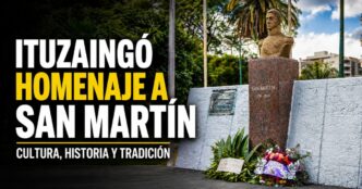Monumento al General José de San Martín en Ituzaingó durante un homenaje con ofrendas florales