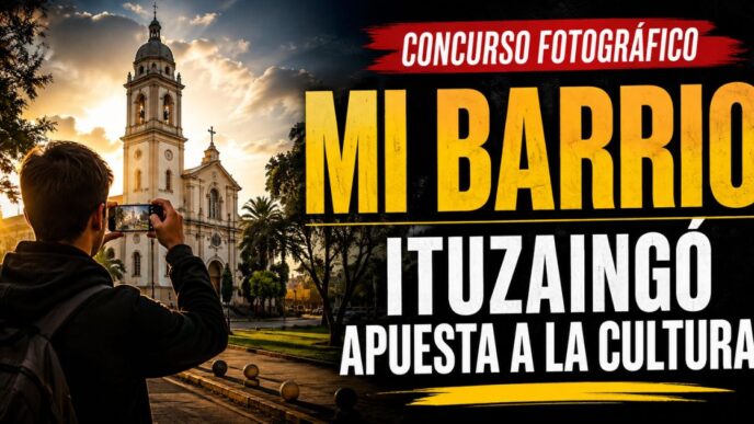 Concurso fotográfico Mi Barrio Ituzaingó con vecino fotografiando un rincón emblemático del distrito